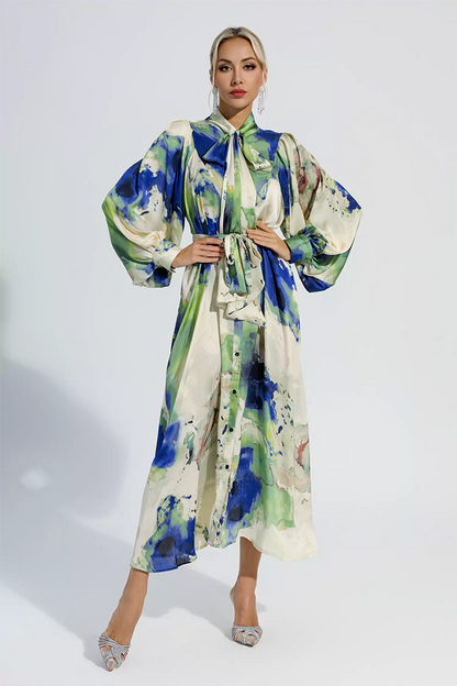 Green Floral Tie Dye Long Sleeves Maxi Dress