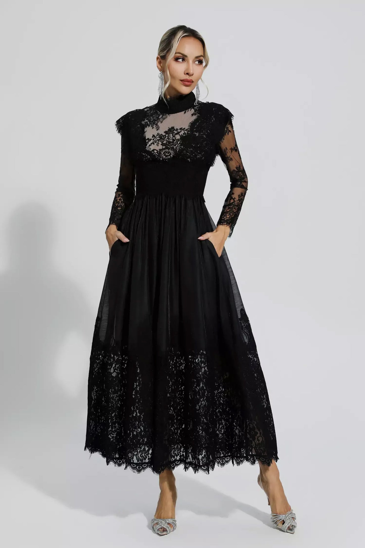 Black Floral Lace Stitching Long Sleeve Dress