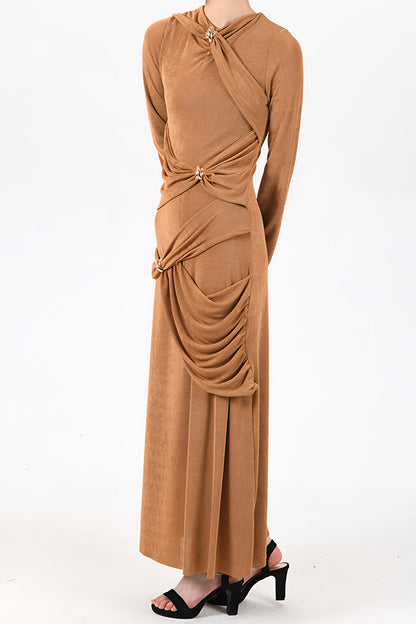 Solid Color Asymmetric Pleated Knit Long Dress