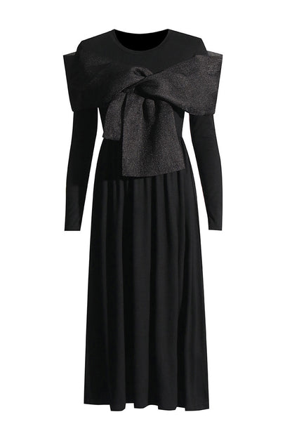 Black Round Neck Bowknot Long Sleeve Midi Dress