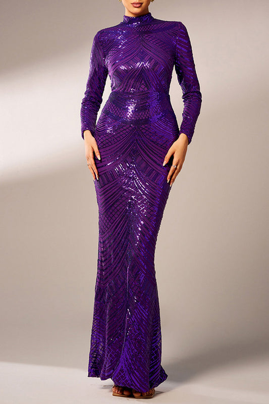 Elegant Sequins Round Neck Long Dress