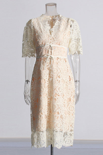 Apricot Elegant V Neck Lace Midi Dress