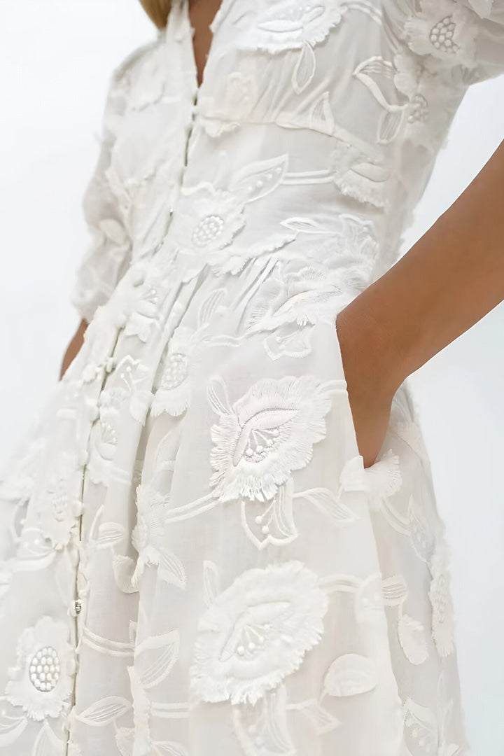 White V-Neck Bubble Sleeve Embroidered Midi Dress