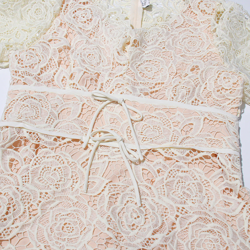 Apricot Elegant V Neck Lace Midi Dress