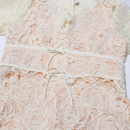 Apricot Elegant V Neck Lace Midi Dress