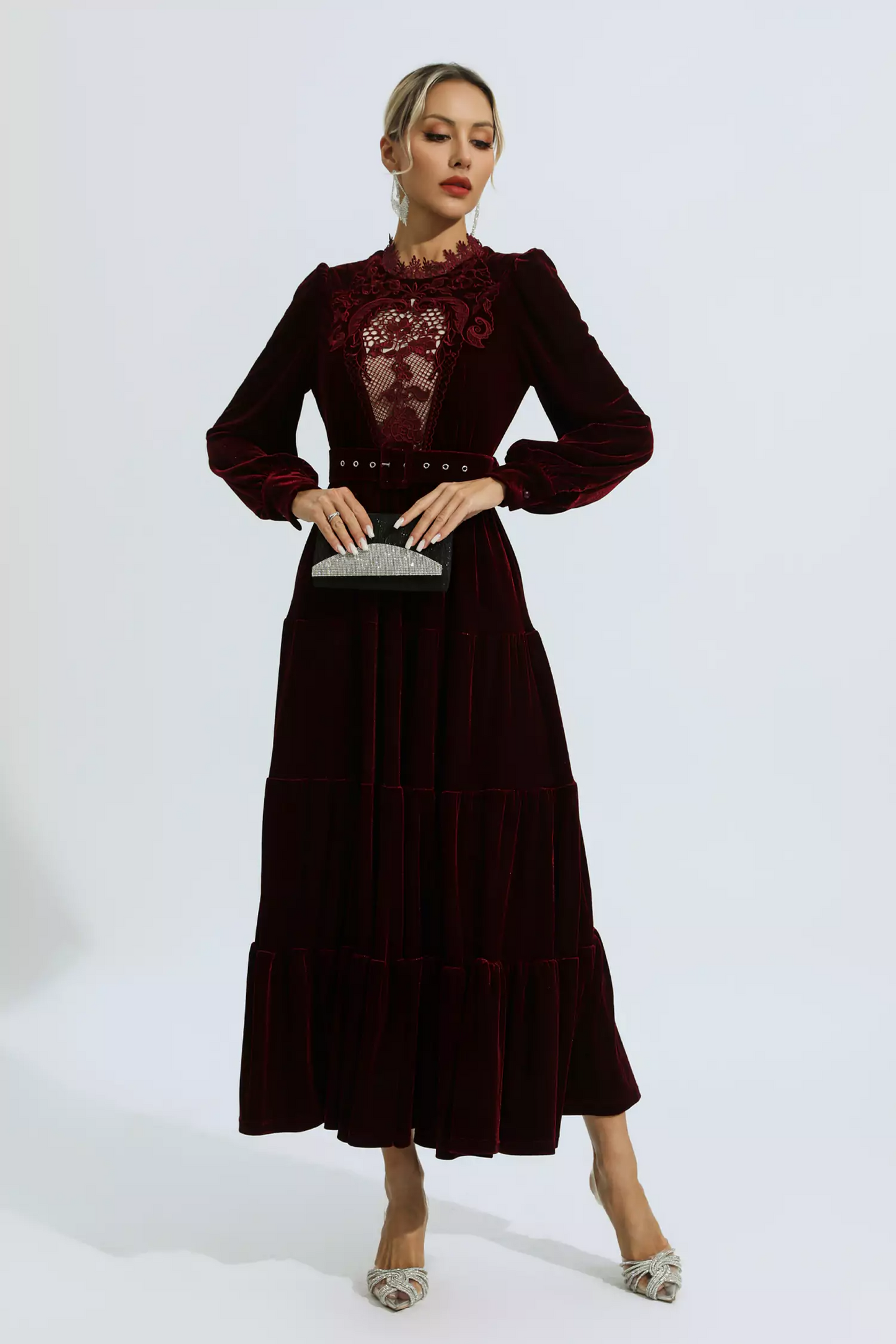 Wine Red Velvet Embroidered Maxi Dress