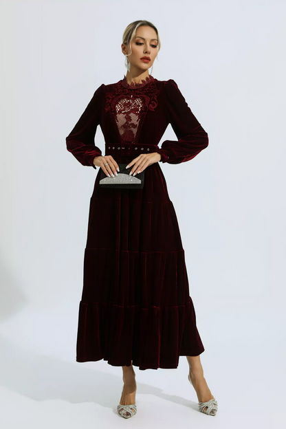 Wine Red Velvet Embroidered Maxi Dress