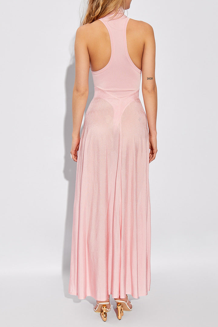 Pink Satin Tulle A Line Maxi Dress