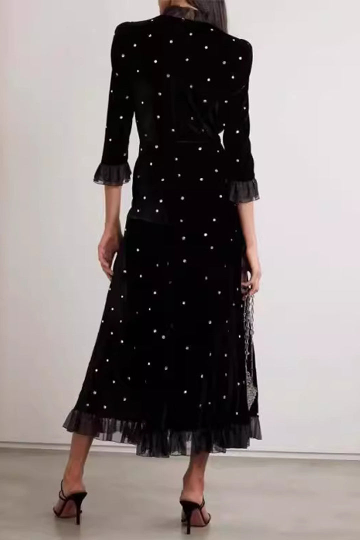 Black High Neck Long Sleeve Velvet Long Dress