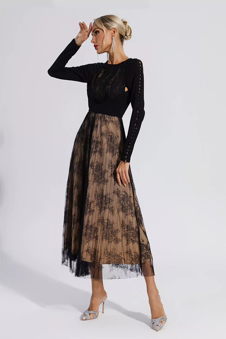 Black Lace Long Sleeve Maxi Dress