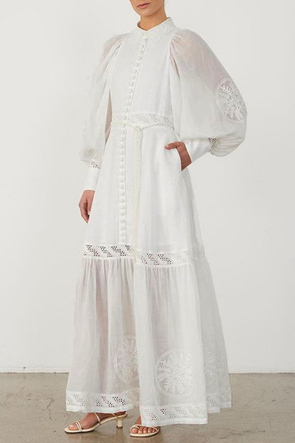 White Round Neck Buttoned Lace Maxi Dress