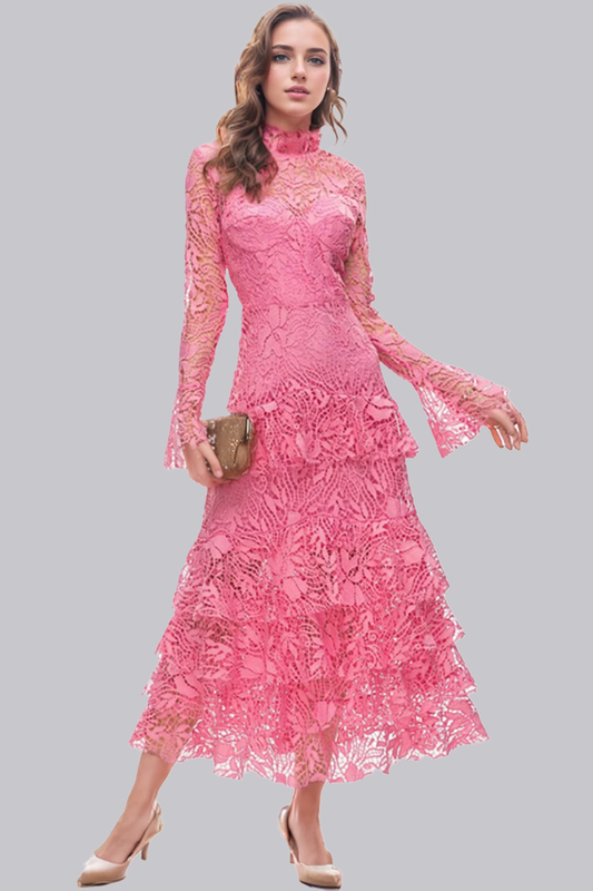 Stand Collar Trumpet Long Sleeve Lace Midi Dress