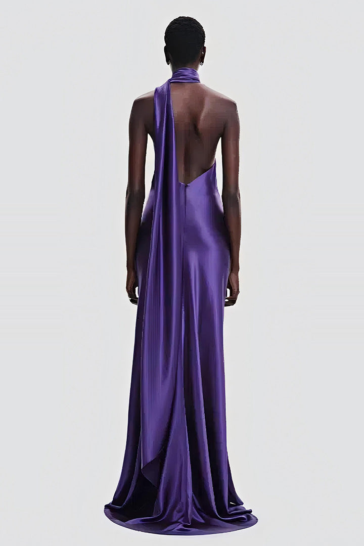 Purple Hanging Neck 3D Floral Satin Maxi Dress