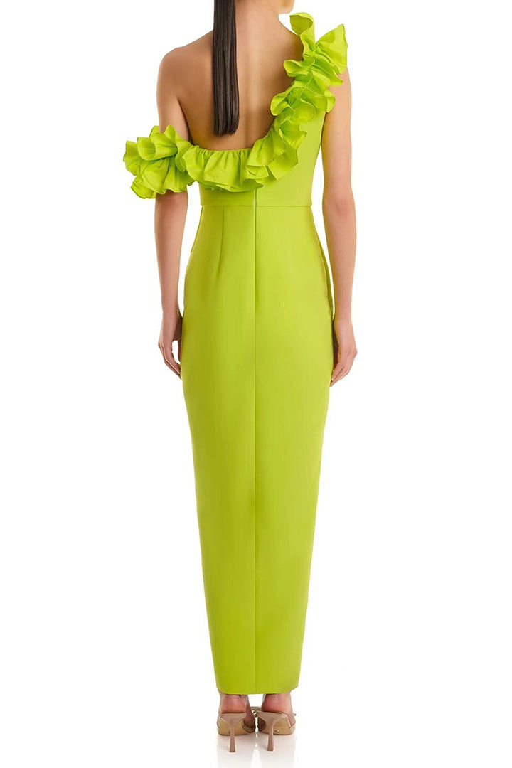 Green Ruffled Slant Neck Strapless Split Long Dress