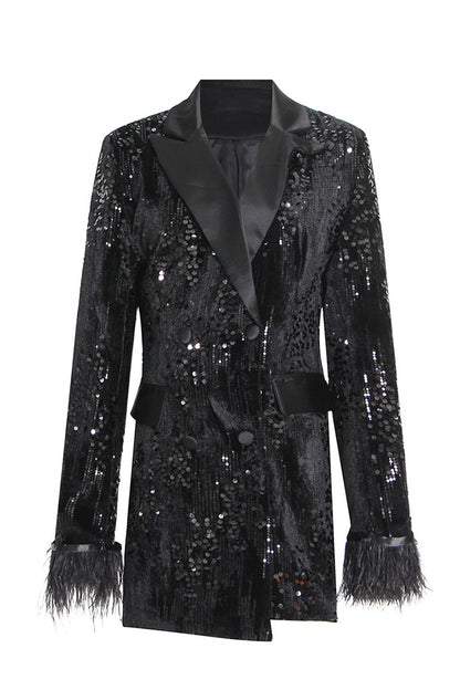 Black Fall Long Sleeve Sequined Feather Patchwork Blazer