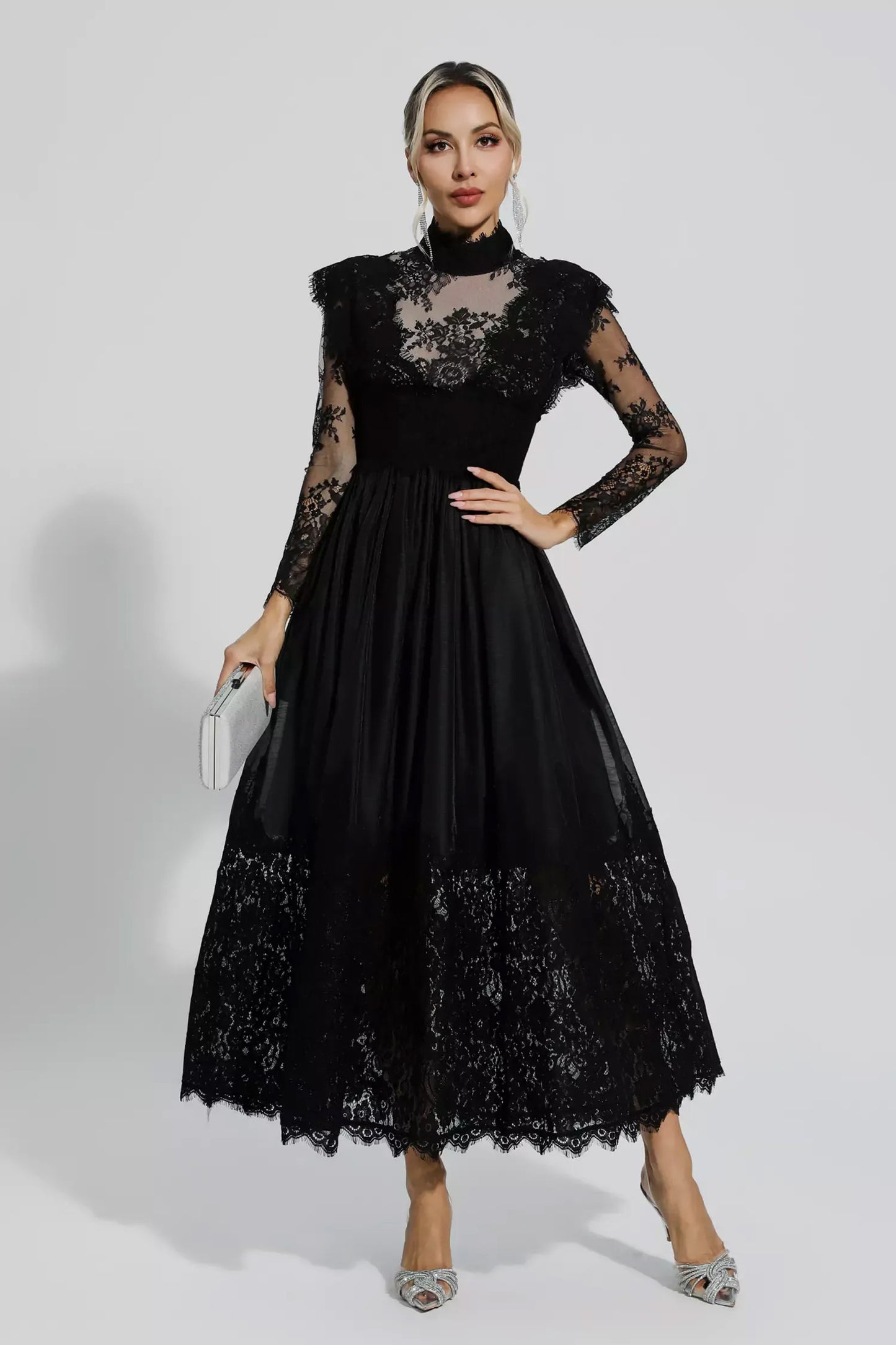 Black Floral Lace Stitching Long Sleeve Dress