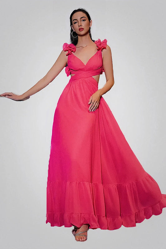 Pink Strapless V-neck Ruffled Backless Evening Gown