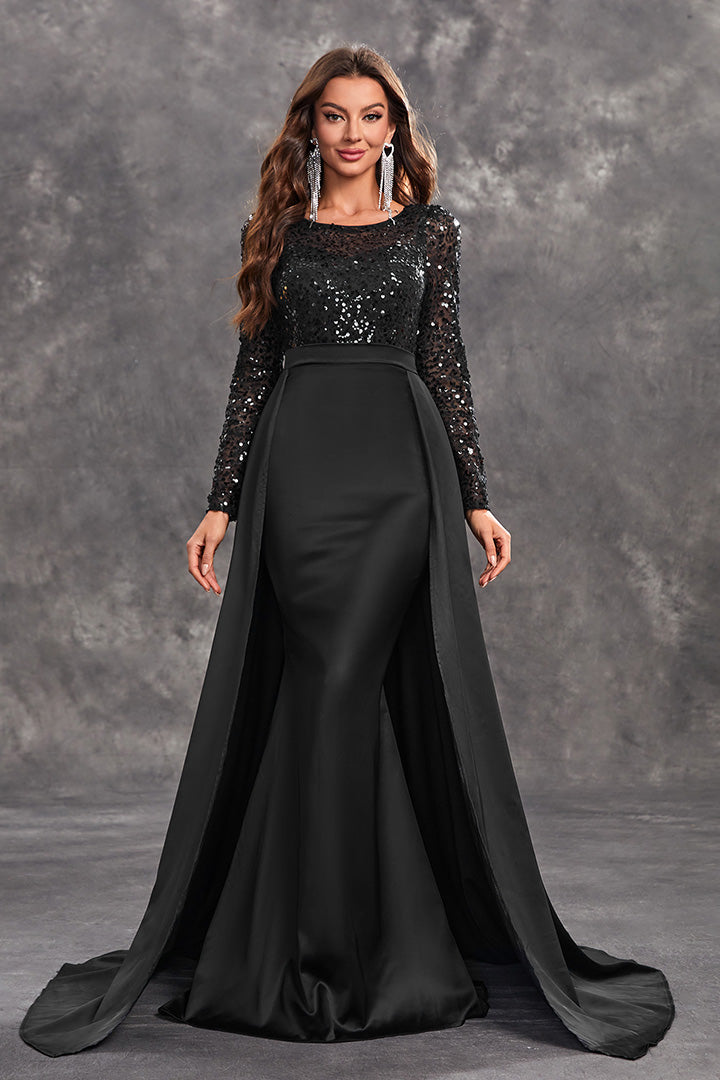 Elegant Round Neck Long Sleeve Sequin Long Dress