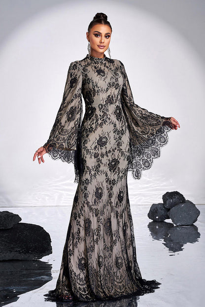 Black Vintage Lace Evening Gown