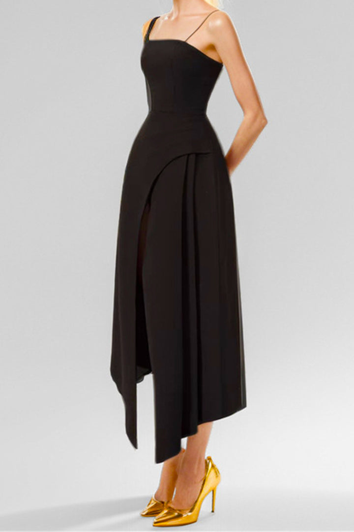 Black Detachable Pullover Halter Slit Midi Dress