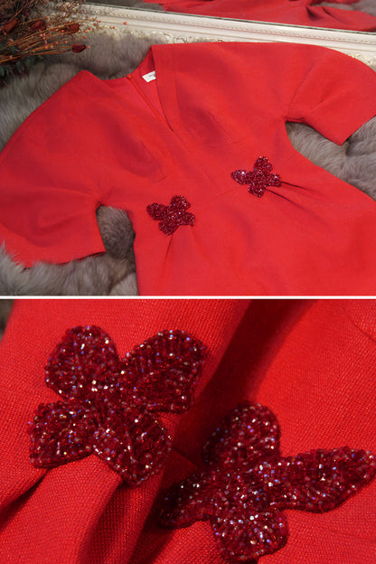 Christmas Red Bow V-Neck Short Dress