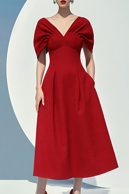 Christmas Red Pleated Wrap Shoulder Midi Dress