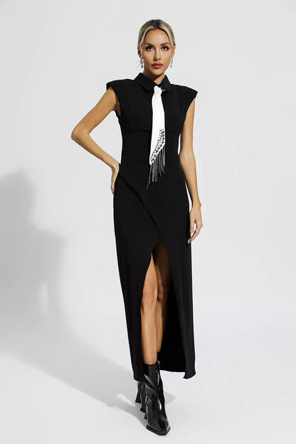 Black Commuter Tie Slit Dress