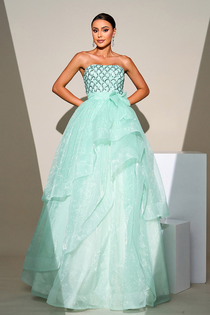 Light Green Sheath Puffy Long Dress